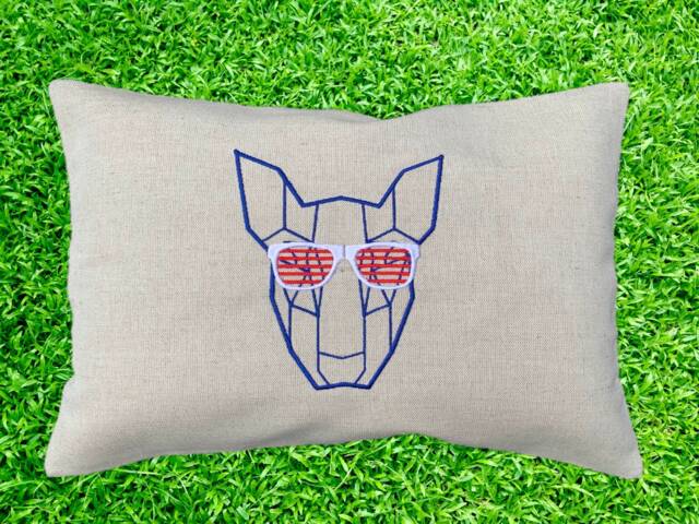 Embroidered Bull Terrier Pillow Cover, Geometric Dog Accent, Patriotic Sunglasses, Linen Usa Decor - image 1
