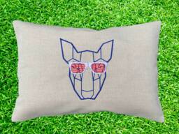 Embroidered Bull Terrier Pillow Cover, Geometric Dog Accent, Patriotic Sunglasses, Linen Usa Decor - thumbnail 1