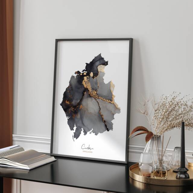 Cumbria Map Black & Gold Wall Art Print - England United Kingdom Great Britain - image 1