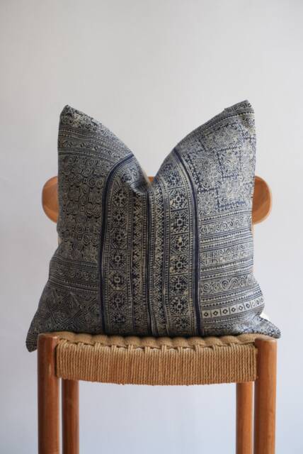 "Vintage Hmong Pillow Cover Blue Indigo Hemp, Embroidered Tribal Design - 20"" X 20" - image 1