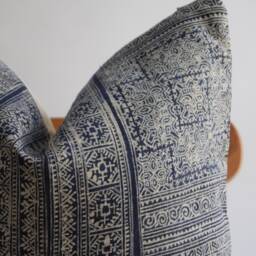 "Vintage Hmong Pillow Cover Blue Indigo Hemp, Embroidered Tribal Design - 20"" X 20" - thumbnail 2