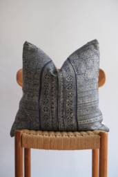 "Vintage Hmong Pillow Cover Blue Indigo Hemp, Embroidered Tribal Design - 20"" X 20" - thumbnail 1
