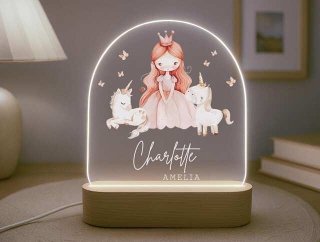 Personalised Children's Princess Unicorn Night Light - Led Lamp Nursery Decor Baby Girl Gift For New Name Sign Bedroom - image 1
