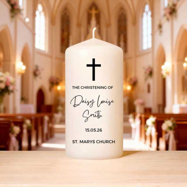Christening Candle - Personalised Baptism Custom Name & Date Gold Pink Blue Elegant Keepsake - image 1