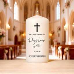 Christening Candle - Personalised Baptism Custom Name & Date Gold Pink Blue Elegant Keepsake