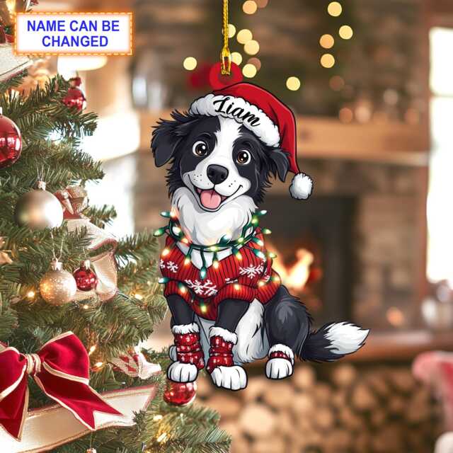 Custom Name Border Collie Cute Dog With Santa Hat Christmas Lights Ornament, Tree Hanging Decor, Flat Ornament - image 1
