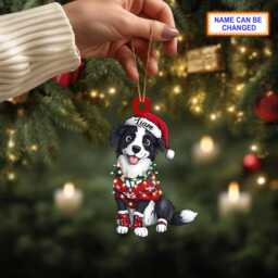 Custom Name Border Collie Cute Dog With Santa Hat Christmas Lights Ornament, Tree Hanging Decor, Flat Ornament - thumbnail 3