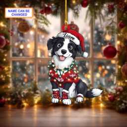 Custom Name Border Collie Cute Dog With Santa Hat Christmas Lights Ornament, Tree Hanging Decor, Flat Ornament - thumbnail 2