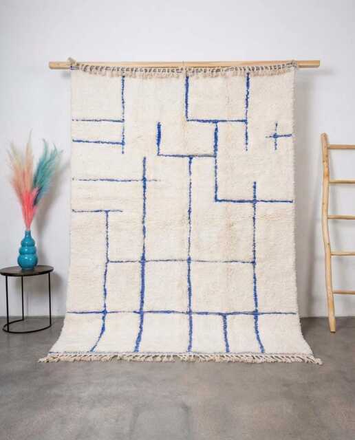 Ivory & Blue Grid Moroccan Rug, Minimalist Linear Berber Carpet, Handmade Shag Area Large Scandi Modern Decor - image 1