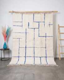 Ivory & Blue Grid Moroccan Rug, Minimalist Linear Berber Carpet, Handmade Shag Area Large Scandi Modern Decor - thumbnail 1