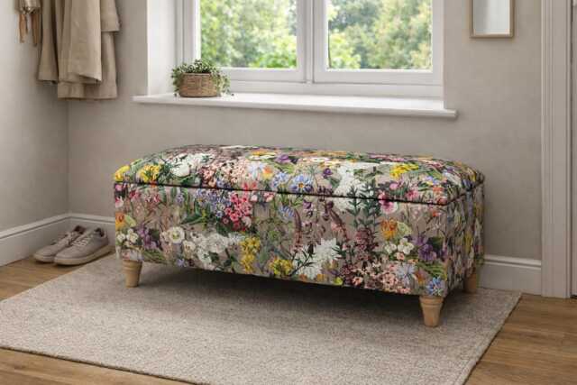 Summer Flower Print Storage Ottoman, Botanical Footstool in Dove - image 1