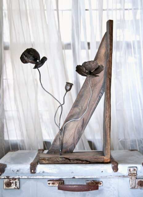 Wall Sculpture Of Metal Flower, Poppy Bunch in Unusual Wood Frame By Thesteelstylethings - image 1