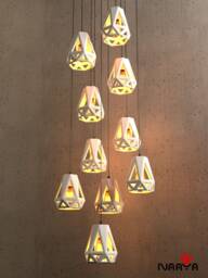 Industrial Modern Ceramic Cage Chandelier, Sculptural Architectural Statement - Naaya Triad