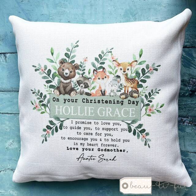 Personalised Christening Baptism Gift Promise To Godchild Godson Goddaughter Woodland Animals Linen Style Cushion Godparent Godmother - image 1