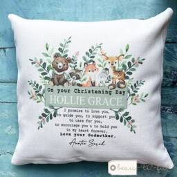 Personalised Christening Baptism Gift Promise To Godchild Godson Goddaughter Woodland Animals Linen Style Cushion Godparent Godmother