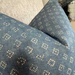 Trace Wood Block Cushion Cover John Lewis Designer Fabric Lake Blue Cotton Linen Blend Double Sided Handmade in UK - thumbnail 2