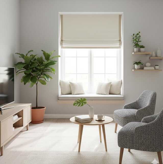 White Linen Flat Roman Shades With Band Bordered Ivory Trim - Cl1010 - image 1