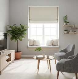 White Linen Flat Roman Shades With Band Bordered Ivory Trim - Cl1010 - thumbnail 1