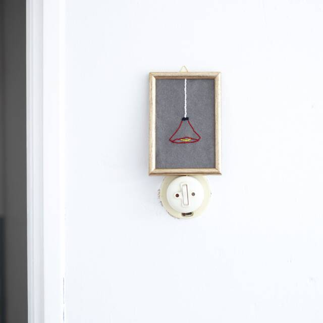 Funny Embroidery Art in Frame, Hanging Lamp, Re-Used, Recycled Weird Work, Funny Gift, Wall Art, Lamp , Lightbulb - image 1