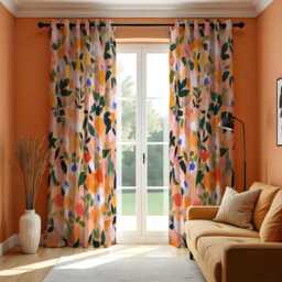 Abstract Floral Curtains in Orange & Pink Tones, Modern Botanical Print Drapes, Custom Made Window Panels For Living Room Or Bedroom