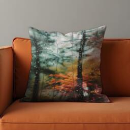 Rainy Window Forest Cushion Cover, Moody Autumn Nature Throw Pillow Raindrop Glass Effect, Cozy Seasonal Home Decor - thumbnail 1