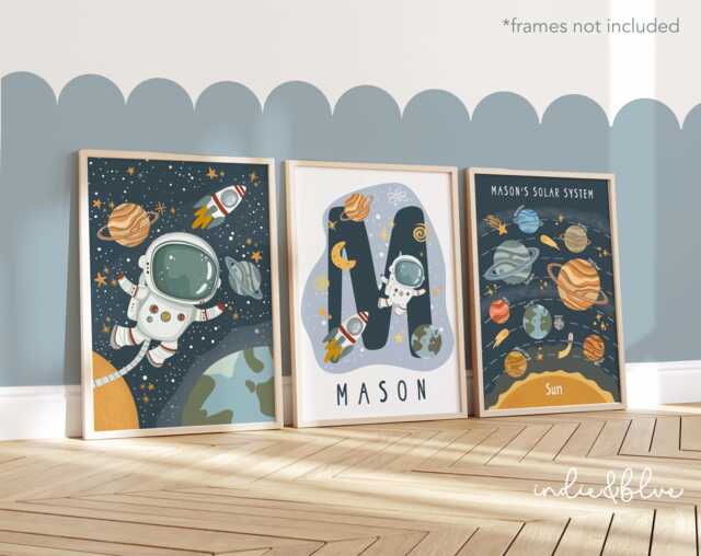 Personalised Space Print Set Of 3 in Bright Colours, Astronaut Print, Solar Sytem Name Boy Bedroom - image 1