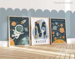 Personalised Space Print Set Of 3 in Bright Colours, Astronaut Print, Solar Sytem Name Boy Bedroom - thumbnail 1