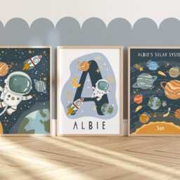Personalised Space Print Set Of 3 in Bright Colours, Astronaut Print, Solar Sytem Name Boy Bedroom - thumbnail 3