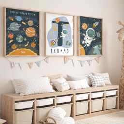 Personalised Space Print Set Of 3 in Bright Colours, Astronaut Print, Solar Sytem Name Boy Bedroom - thumbnail 2