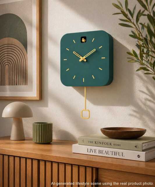Minimalist Cuckoo Clock, Firuze Wall Clock With Saffron Details, Modern Home Decor - image 1