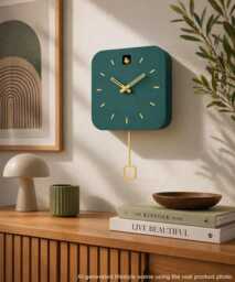 Minimalist Cuckoo Clock, Firuze Wall Clock With Saffron Details, Modern Home Decor