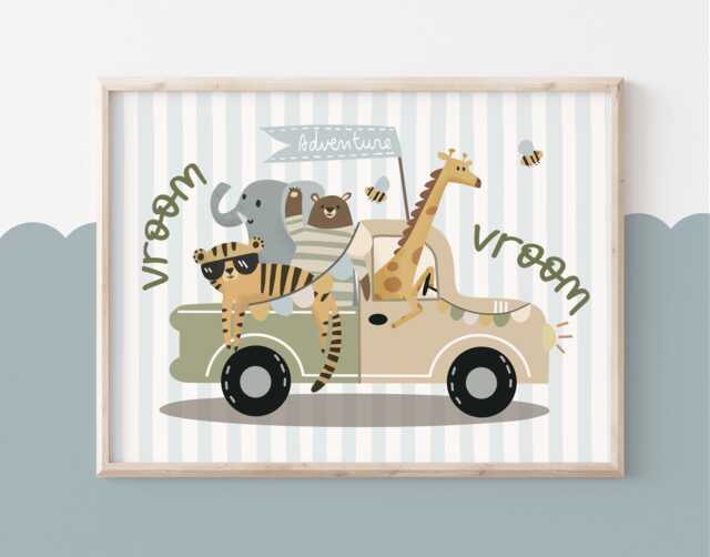 Adventure Truck Animal Print, Safari Jungle Boy Nursery Decor, Neutral Kids Bedroom Playroom, Tiger Giraffe Elephant Bear Art - image 1