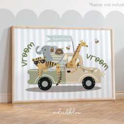 Adventure Truck Animal Print, Safari Jungle Boy Nursery Decor, Neutral Kids Bedroom Playroom, Tiger Giraffe Elephant Bear Art - thumbnail 3