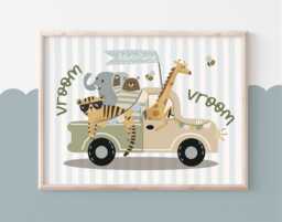 Adventure Truck Animal Print, Safari Jungle Boy Nursery Decor, Neutral Kids Bedroom Playroom, Tiger Giraffe Elephant Bear Art - thumbnail 1