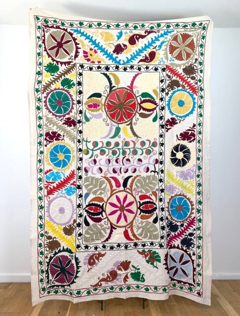 Hand Embroidered Suzani Tapestry Uzbek Floral Boho Wall Hanging - image 1