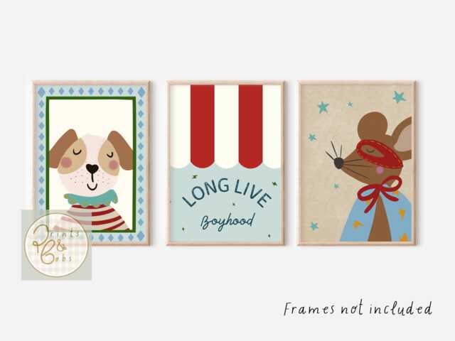 Set Of 3 Bright Boys Room Or Nursery Prints. Super Hero Mouse, Long Live Boyhood & Dog. - Unframed - image 1