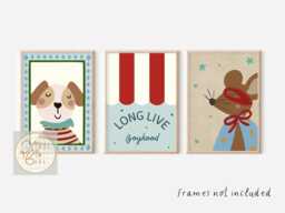 Set Of 3 Bright Boys Room Or Nursery Prints. Super Hero Mouse, Long Live Boyhood & Dog. - Unframed - thumbnail 1