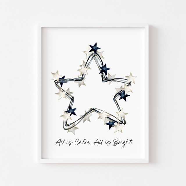 Blue & White Christmas Star Wreath Print Watercolour Winter Unframed Wall Art - image 1