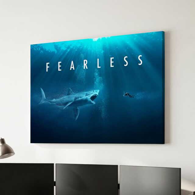 Fearless Scuba Diver Shark Ocean Motivational Inspirational, Framed Canvas Wall Art Poster Print, Home Office & Room Decor, Gift Idea - image 1