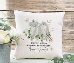 Personalised Platinum 70Th Wedding Anniversary Cushion, Linen Style Pillow, Gift For Couple - thumbnail 1