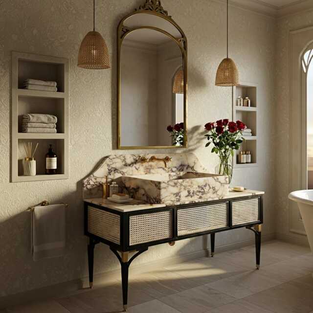 Amber Viola Marble Wall Mount Vanity Sink - Natural Stone Basin With Cane Console For Luxury Bathroom & Powder Room Interior M1F104 - image 1