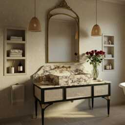 Amber Viola Marble Wall Mount Vanity Sink - Natural Stone Basin With Cane Console For Luxury Bathroom & Powder Room Interior M1F104 - thumbnail 2