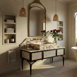 Amber Viola Marble Wall Mount Vanity Sink - Natural Stone Basin With Cane Console For Luxury Bathroom & Powder Room Interior M1F104 - thumbnail 1