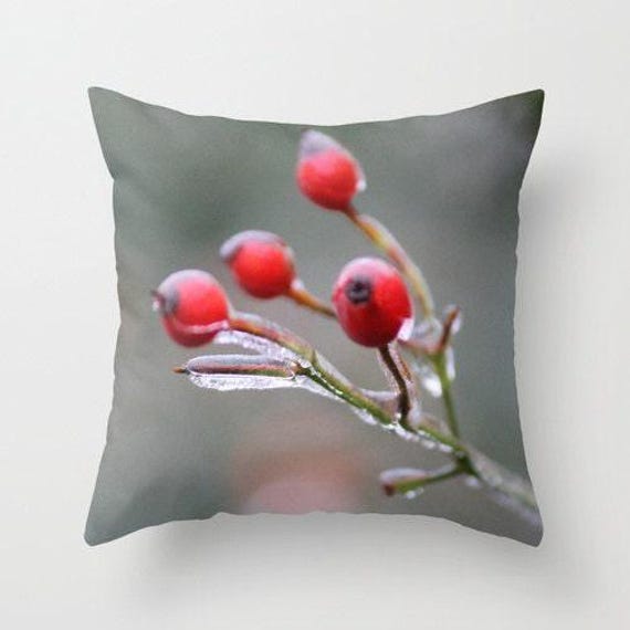 Frozen Berries, Pillow Or Cover, Home Decoration, Holiday Decor, Red Berries Pillow, Ice Winter Decor - image 1