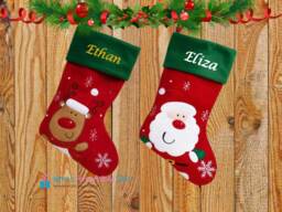 Personalised Christmas Stocking, Xmas Embroidered Santa, Reindeer - thumbnail 1