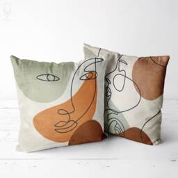 Set Of 2 Abstract Face Chenille Pillow Cases, Earth Tone Modern Art Cushion Covers - thumbnail 1