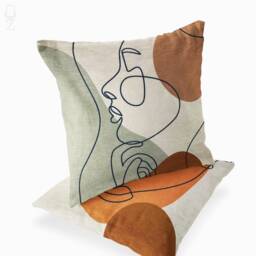 Set Of 2 Abstract Face Chenille Pillow Cases, Earth Tone Modern Art Cushion Covers - thumbnail 2