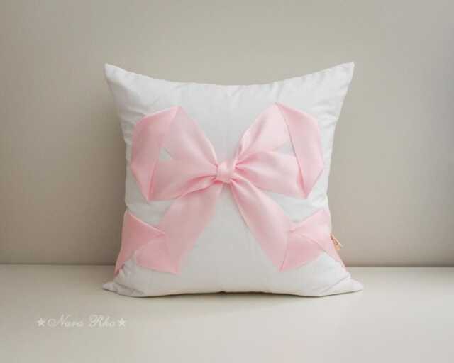 Pink Ribbon Throw Pillow Cover - Decorative Bow Cushion Nursery & Living Room Decor Girls Accent Baby Shower Gift - image 1