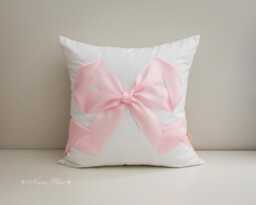 Pink Ribbon Throw Pillow Cover - Decorative Bow Cushion Nursery & Living Room Decor Girls Accent Baby Shower Gift - thumbnail 1