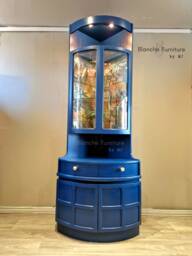 Tall Nathan Mid Century Modern Blue Corner Drinks Cabinet - Cocktail Display Unit